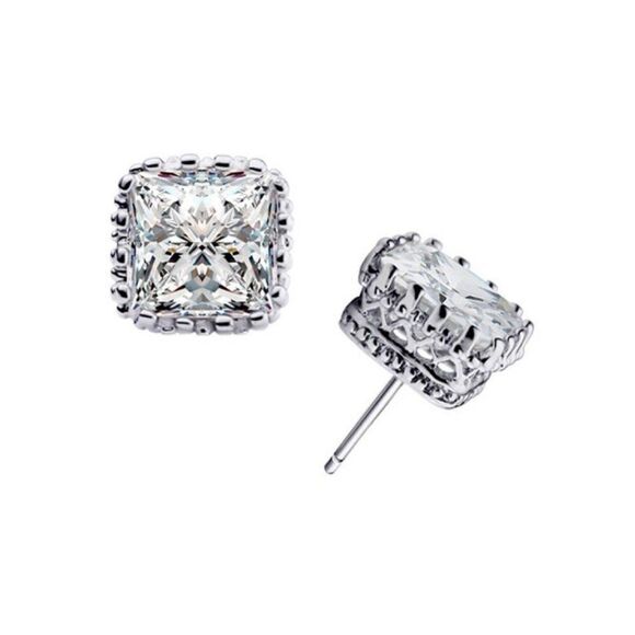 Square Crown Stud Earrings | Silver Tone | NEW - Picture 7 of 8